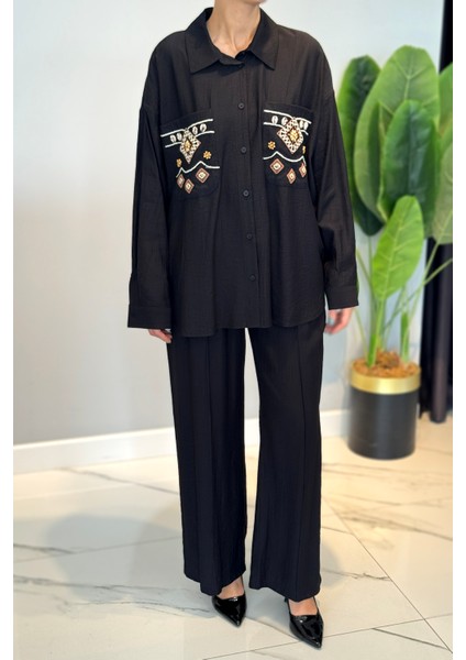 Nakış ve Işleme Detaylı Takım 34839 Siyah