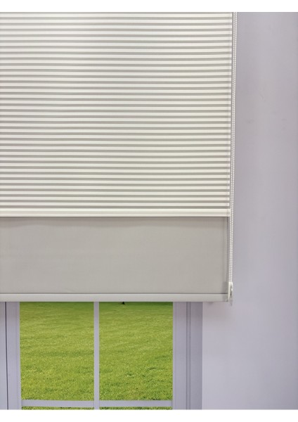 Luna Serisi Beyaz Tül Açık Gri Stor Perde %100 Blackout, Çift Mekanizmalı, Kolay Montaj