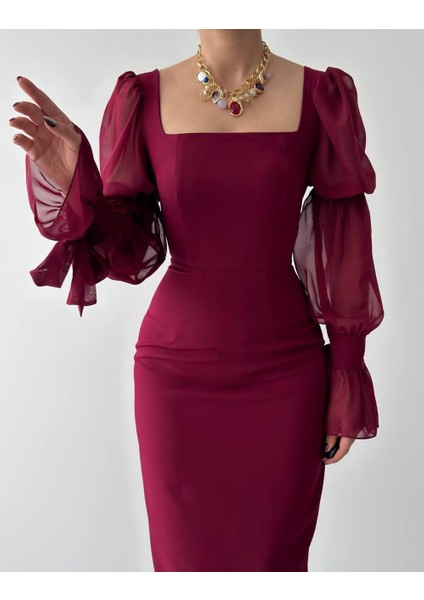 Kare Yaka Organize Kollu-Tül Detaylı Midi Abiye Elbise