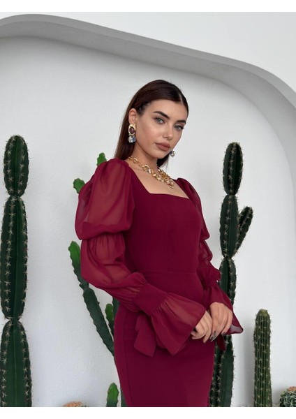 Kare Yaka Organize Kollu-Tül Detaylı Midi Abiye Elbise fiyatları