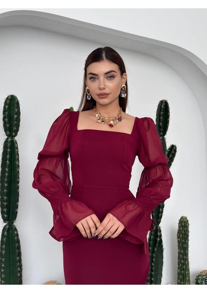 Kare Yaka Organize Kollu-Tül Detaylı Midi Abiye Elbise modelleri