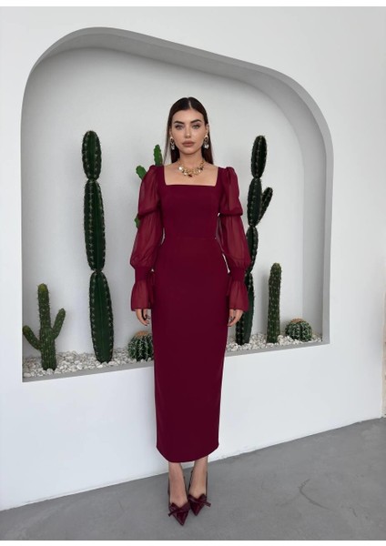 Kare Yaka Organize Kollu-Tül Detaylı Midi Abiye Elbise fırsatları