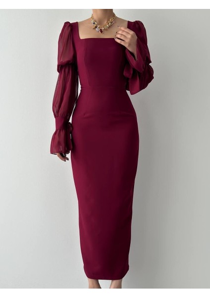 Kare Yaka Organize Kollu-Tül Detaylı Midi Abiye Elbise indirimleri