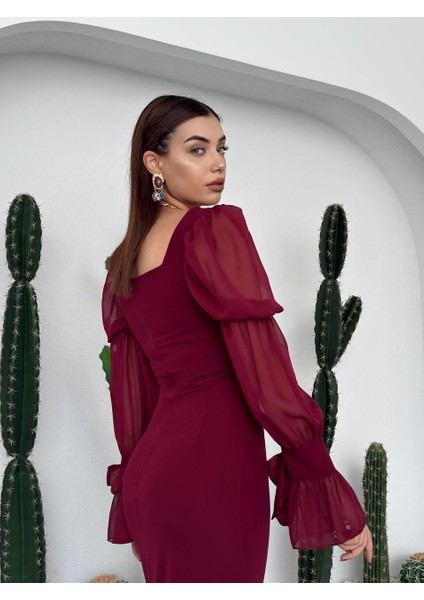 Kare Yaka Organize Kollu-Tül Detaylı Midi Abiye Elbise