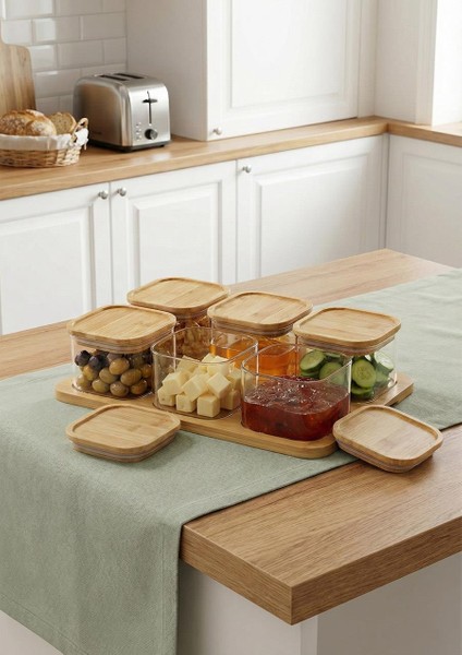 Quatro Bambu Vakumlu Kapaklı Tepsili 6’lı cam kahvaltılık