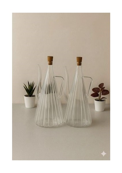 Borosilikat Cam 2'li Glazzy Çizgili Tasarım Yağlık & Sosluk 500 ml ( Stantsız)