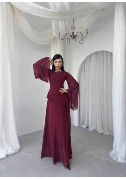 Şifon Fırfır Detay Uzun Abiye Elbise-Volanlı Kol, Peplum Detay