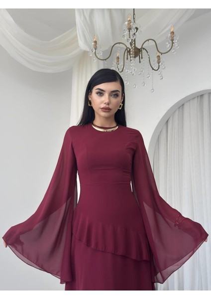 Şifon Fırfır Detay Uzun Abiye Elbise-Volanlı Kol, Peplum Detay fiyatları