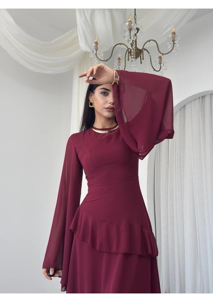 Şifon Fırfır Detay Uzun Abiye Elbise-Volanlı Kol, Peplum Detay modelleri