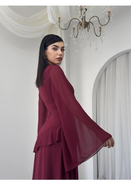 Şifon Fırfır Detay Uzun Abiye Elbise-Volanlı Kol, Peplum Detay fırsatları