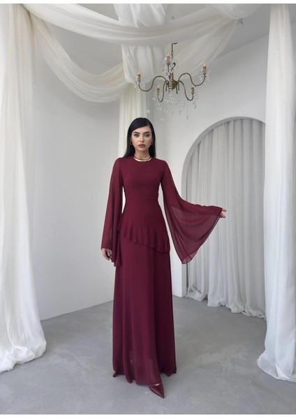 Şifon Fırfır Detay Uzun Abiye Elbise-Volanlı Kol, Peplum Detay indirimleri