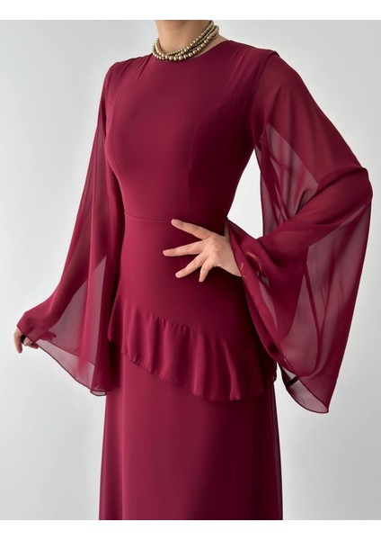 Şifon Fırfır Detay Uzun Abiye Elbise-Volanlı Kol, Peplum Detay