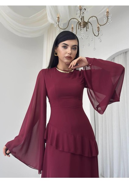 Şifon Fırfır Detay Uzun Abiye Elbise-Volanlı Kol, Peplum Detay