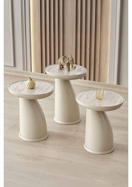 Elips 3'lü Sehpa, Yan Sehpa, Zigon Sehpa -Bej & Soho ( Bej Renk ) Desenli Renk Tabla