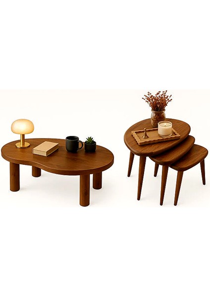 Doğal Ahşap 3’lü Zigon Sehpa + Orta Sehpa Seti | Modern Şık Tasarım Oturma Odasaı Seti