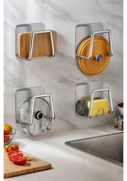 4’lü Yapışkanlı Çok Amaçlı Mutfak Askı Seti-(Sünger – Kapak – Tahta Tutucu) Paslanmaz