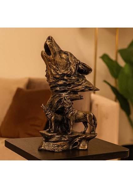 Dekoratif Yavrulu Uluyan Kurt - Eskitme Gold