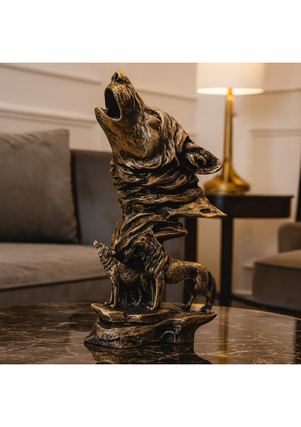 Dekoratif Yavrulu Uluyan Kurt - Eskitme Gold fiyatları