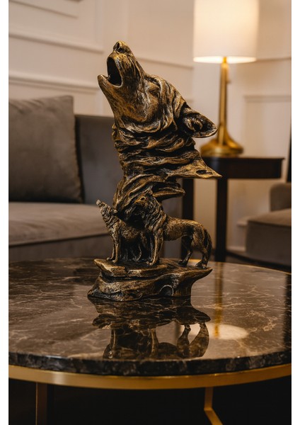 Dekoratif Yavrulu Uluyan Kurt - Eskitme Gold modelleri