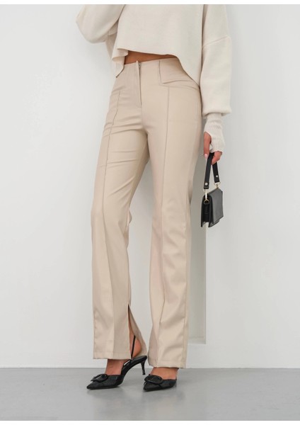 Ispanyol Yırtmaçlı Paça Deri Pantolon Bej Hn