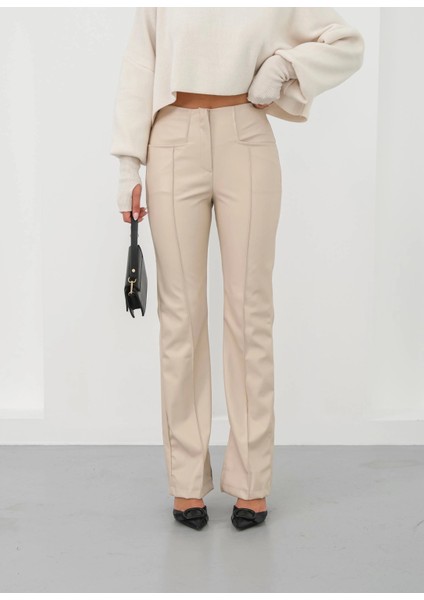 Ispanyol Yırtmaçlı Paça Deri Pantolon Bej Hn fiyatları