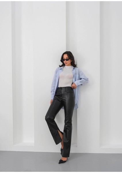 Ispanyol Yırtmaçlı Paça Deri Pantolon Siyah Hn