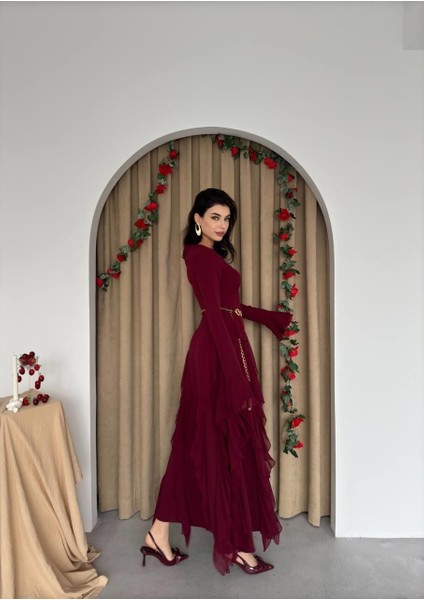 Fırfır Detaylı Bordo Şık Elbise