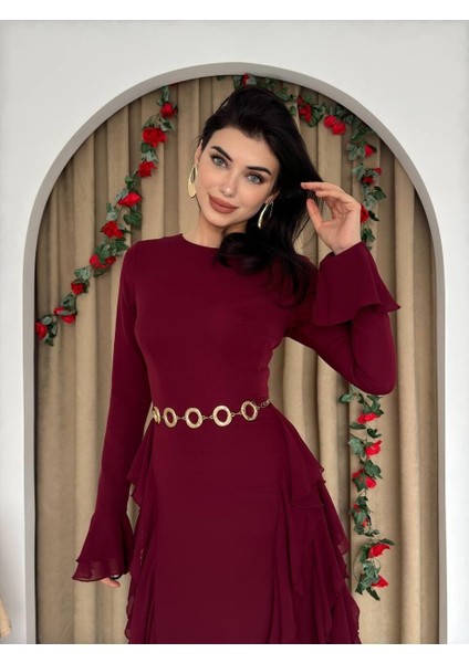 Fırfır Detaylı Bordo Şık Elbise fiyatları