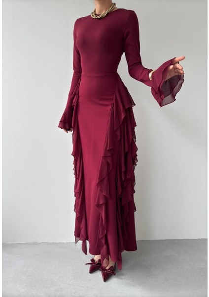 Fırfır Detaylı Bordo Şık Elbise modelleri