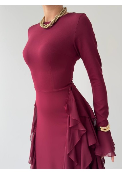 Fırfır Detaylı Bordo Şık Elbise fırsatları