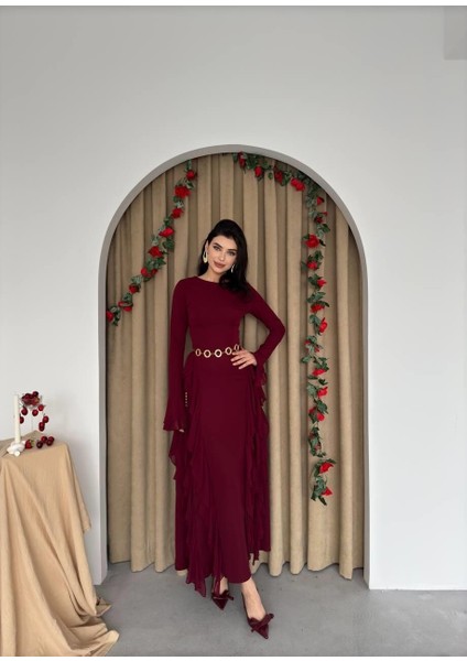 Fırfır Detaylı Bordo Şık Elbise indirimleri