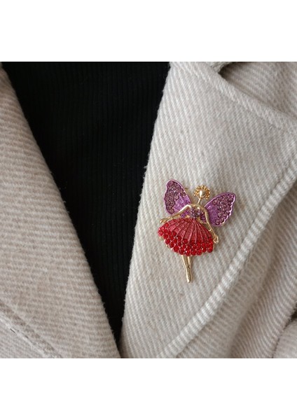 Kırmızı Tütü Etekli Mor Kanatlı Kristal Taşlı Bale Dansçısı Peri Broş-Özel Tasarım Kristal Taşlı Gold Yaka Iğnesi