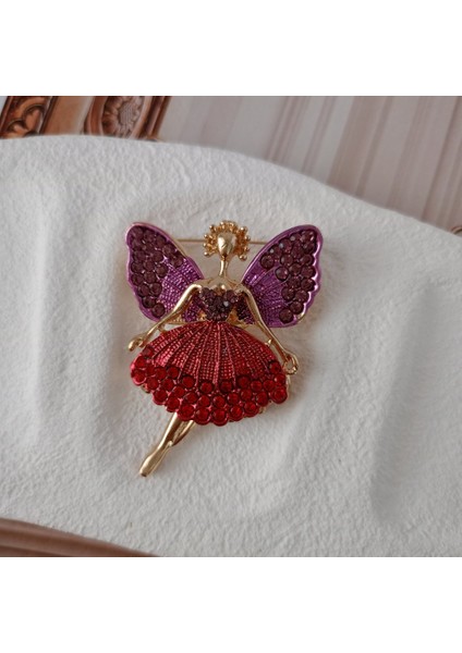 Kırmızı Tütü Etekli Mor Kanatlı Kristal Taşlı Bale Dansçısı Peri Broş-Özel Tasarım Kristal Taşlı Gold Yaka Iğnesi modelleri