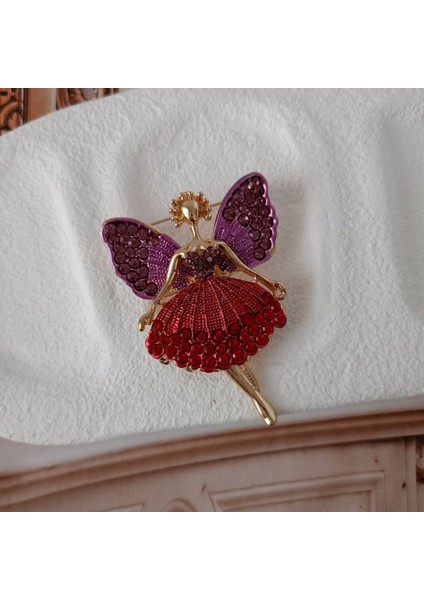 Kırmızı Tütü Etekli Mor Kanatlı Kristal Taşlı Bale Dansçısı Peri Broş-Özel Tasarım Kristal Taşlı Gold Yaka Iğnesi fırsatları