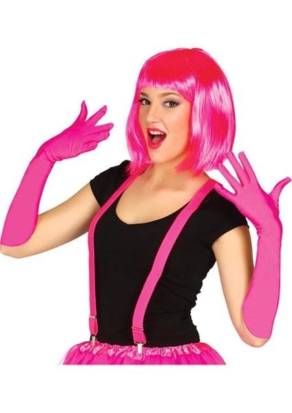 Buğz Fuşya Renk Saten Uzun Eldiven ve Küt Parti Peruğu