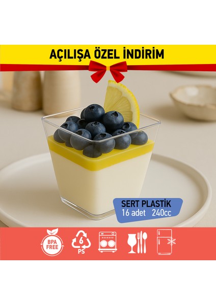 Bizdengelsin 16’lı Tatlı Prizma Kase, Mika Sert Plastik Şeffaf, 240CC Tatlı, Meze, Salata, Çerez, Dondurma