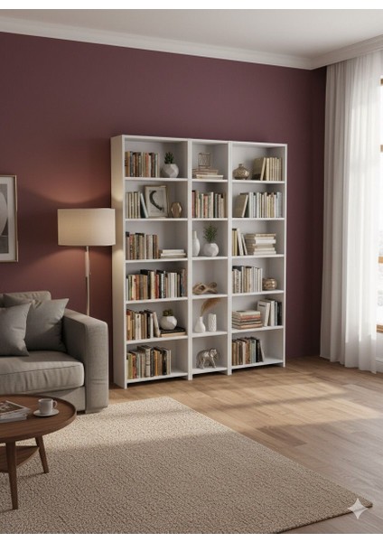 Üçlü Karma 18 Raflı Kitaplık Dekoratif Modern