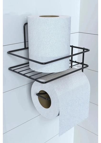 ® Kendiliğinden Yapışkanlı Tuvalet Kağıdı Tutacağı ve Yedek Raf - Siyah Modern Metal Tasarım