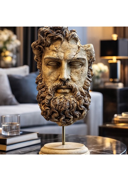 Dekoratif Zeus Başı Heykel - Traverten Renk