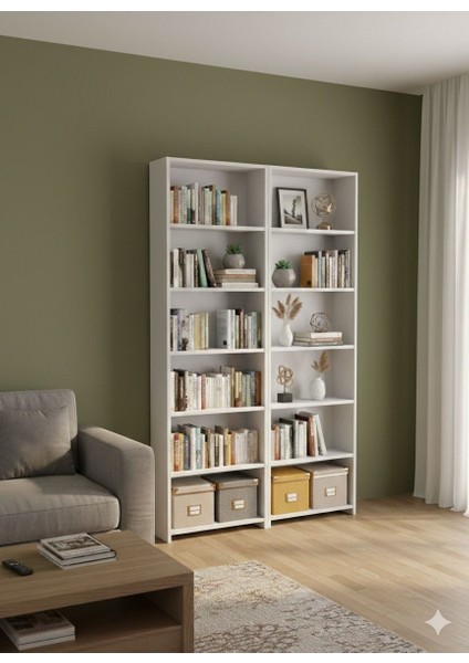 Ikili Geniş 12 Raflı Kitaplık Dekoratif Modern