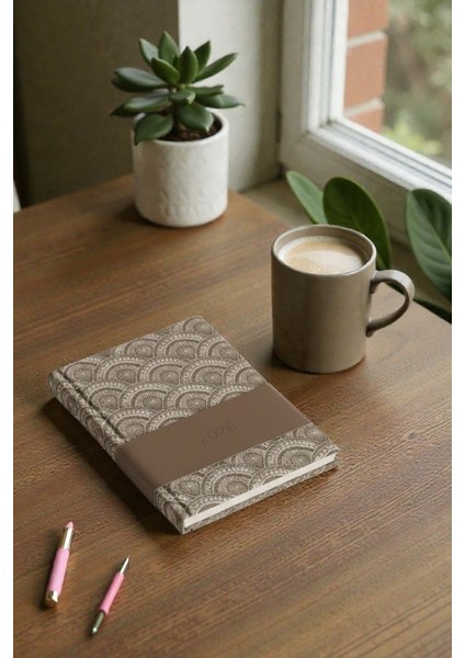 A5 2026 Desenli Ajanda 168 Yaprak Suni Deri Kapaklı Günlük Ajanda Ayraçlı Planlayıcı Ajanda 15X21CM Kahverengi