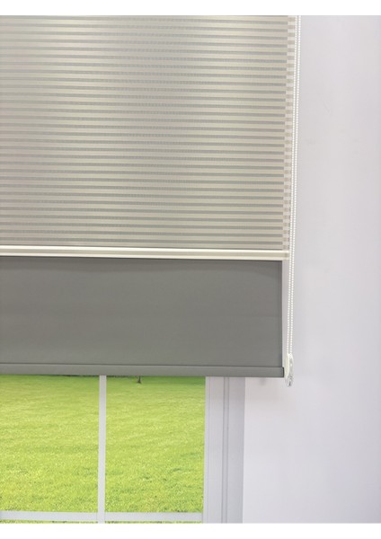 Luna Serisi Açık Gri Tül Antrasit Gri Stor Perde %100 Blackout, Çift Mekanizmalı, Kolay Montaj
