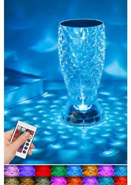 Mytechcat® Balık Süzgeç Model USB Şarjlı Kumandalı 16FARKLI Işık Modlu Masa Üstü Kristal Akrilik LED