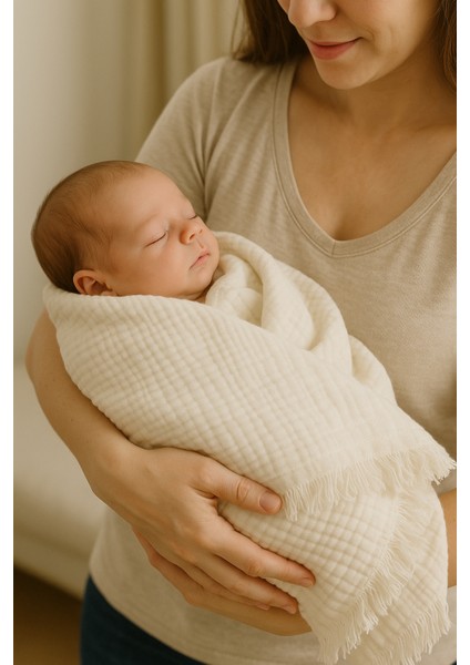 4 Katlı Krem Rengi %100 Pamuk Müslin Saçaklı Bebek Battaniye (100X120 Cm) modelleri