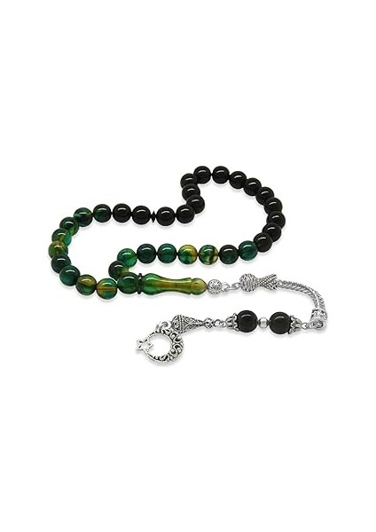 (Tesbihane) Kararmaz Metal Ayyıldız Püsküllü Küre Kesim Süzme Mavi-Beyaz Ateş Kehribar Tesbih