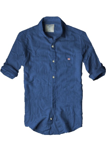 Slim Fit Italyan Kesim Gerçek Keten Gömlek-- Mavisax--