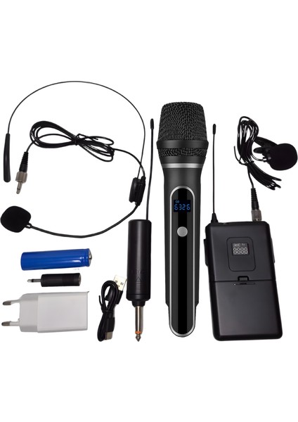 Wn-07 | Kablosuz Mikrofon Seti – Vhf 220–270 Mhz Wireless El Mikrofonu ve Kafa Mikrofonlu Verici, 6.3 mm Çıkışlı, 30–50 Metre Çekim