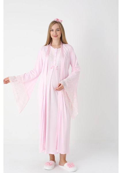 Hamile Gecelik Sabahlık Takımı-Viskoz Kumaş-Dantel Detaylı-Emzirmeli- 2'li Set