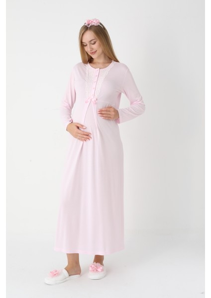 Hamile Gecelik Sabahlık Takımı-Viskoz Kumaş-Dantel Detaylı-Emzirmeli- 2'li Set