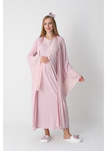 Hamile Gecelik Sabahlık Takımı-Viskoz Kumaş-Dantel Detaylı-Emzirmeli- 2'li Set